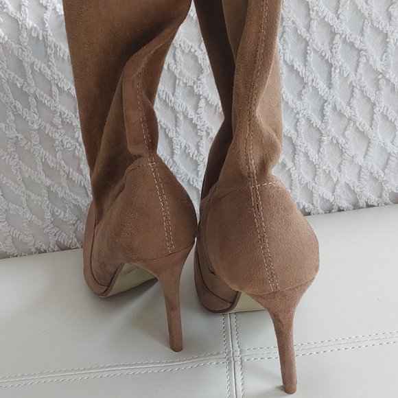 Over The Knee Tan Faux Suede Stiletto Heel Boots - Picture 5 of 9